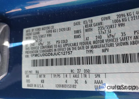 2018 Ford Escape Se from USA, damaged, VIN 1FMCU0GD8JUC12757